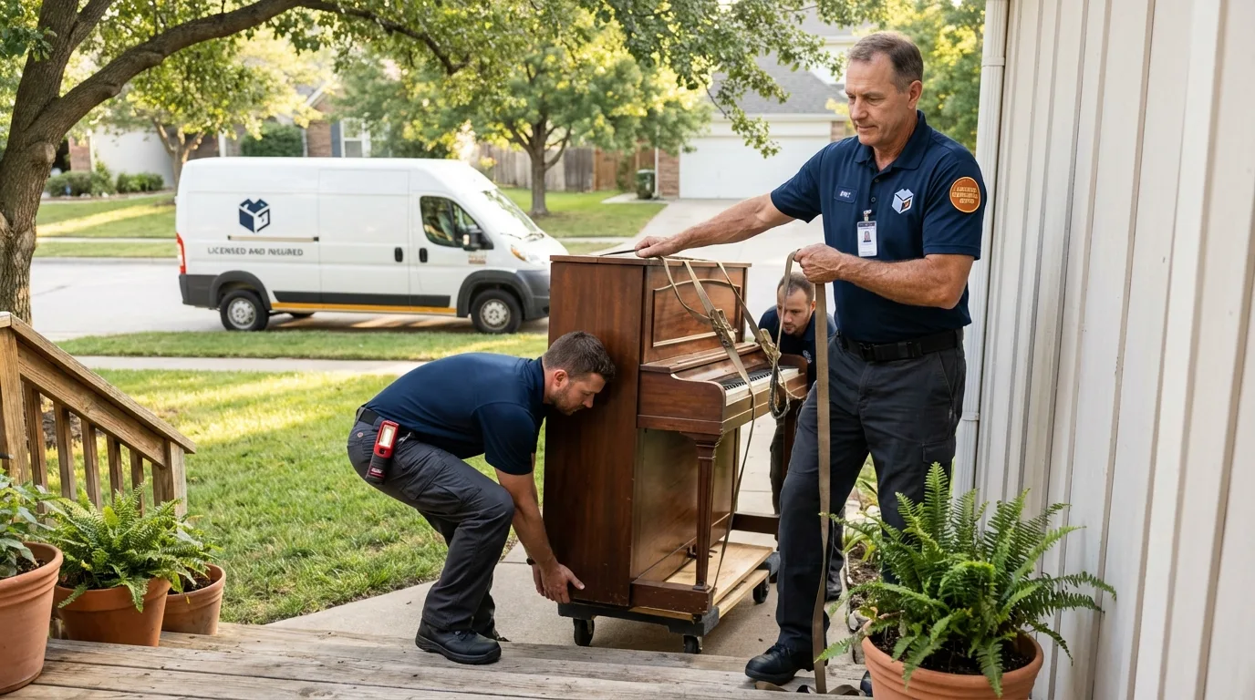 Licensed piano movers securing grand piano in Estero, FL