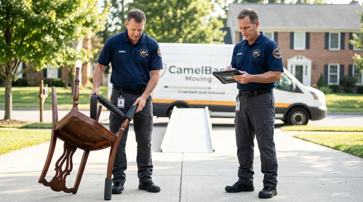 Movers inspecting furniture for damage prevention before loading in Estero, FL